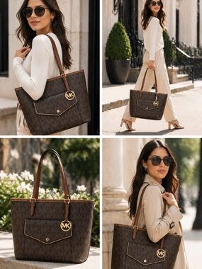Michael Kors Jet Set Brown MK Signature Logo Tote Bag Gold Detailing. ✨NEW
